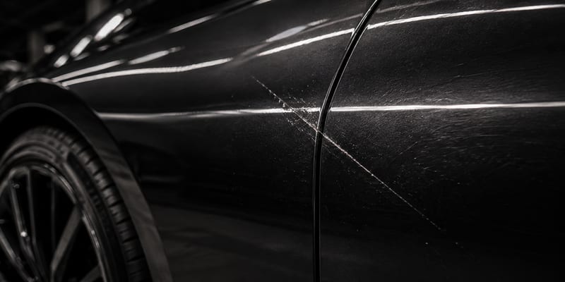 Macro of a scratch running across a body line on black paint.