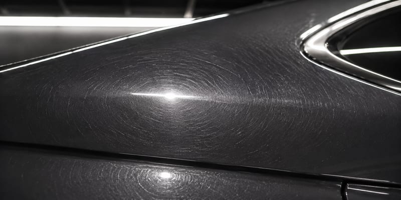 Macro of dark paint showing a web of fine circular scratches under an LED.