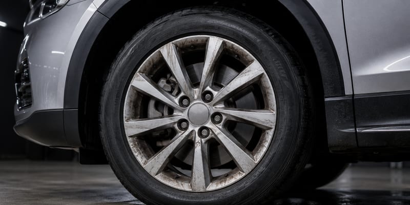 Macro of a wheel face during decontamination, brake dust on one side and clean metal on the other.