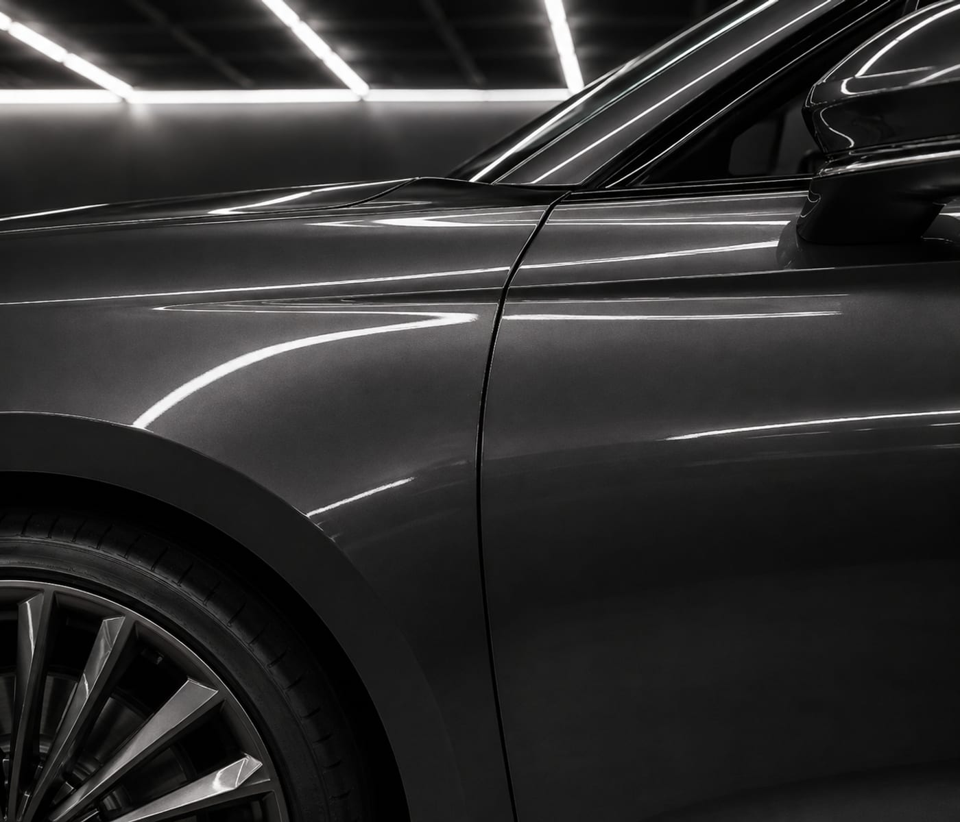 Close crop of a dark car's bodywork under a single raking studio light, one long reflection running along the body line.