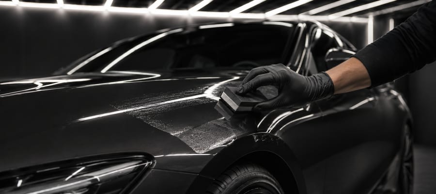 A coating applicator drawing a wet line across black paint.