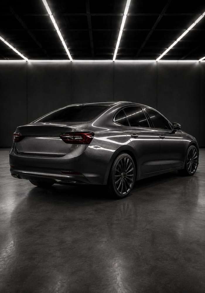 Dark sedan photographed three-quarter rear with studio strip lights reflected along the flank.